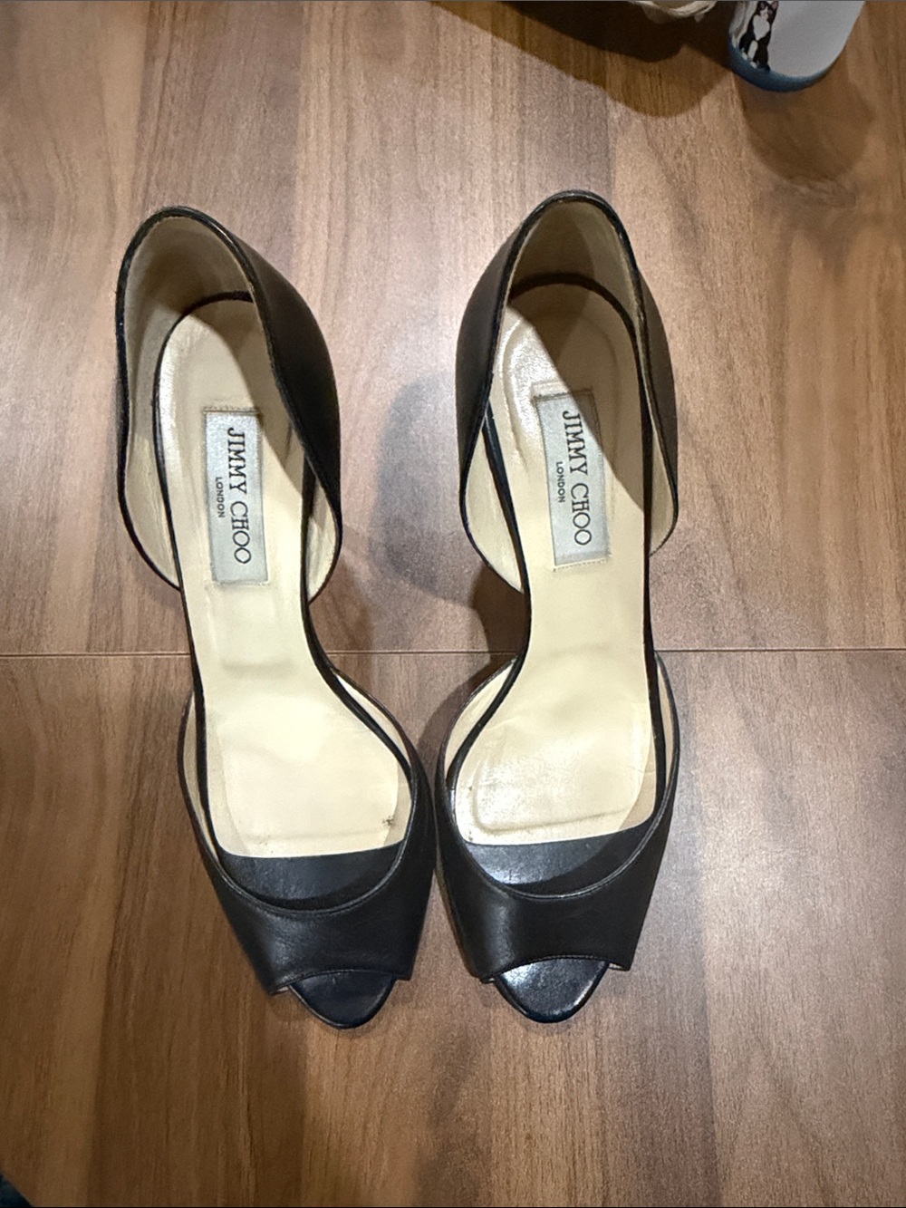 Jimmy Choo Black Leather Peep-Toe D'Orsay Heels